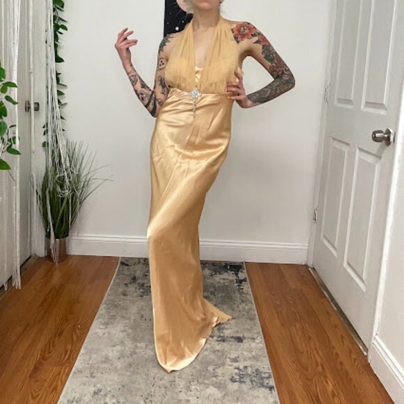 Y2K Vintage Rhinestone Satin Halter Prom Maxi Dress Sleeveless Size M Gold - Picture 3 of 14